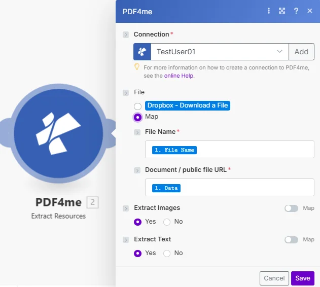 Hacer que el módulo PDF4me Extract Resources muestre Conexión establecida en Mi conexión PDF4me, Nombre de archivo asignado desde el paso 1, Documento asignado desde los datos del paso 1, Extraer imágenes establecido en Sí, Extraer texto establecido en Sí